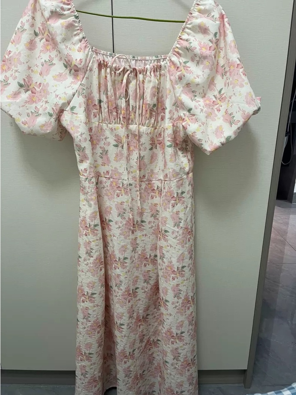 Floral Puff Sleeve Maxi Dress in Pink and Cream